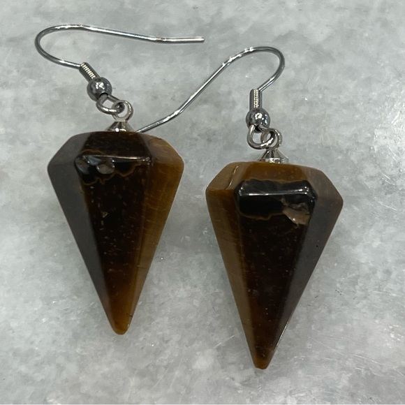 South African Tiger’s Eye Hexagonal Silver Drop Earrings - Picture 9 of 11